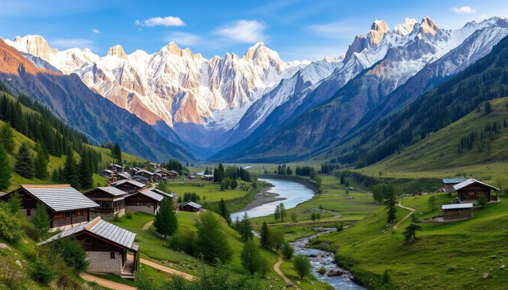 A sweeping panoramic view of the Himalayan village of Chitkul, nestled amidst majestic snow-capped peaks and lush alpine meadows. In the foreground, quaint traditional wooden houses with slanted roofs stand serene, surrounded by vibrant green foliage. In the middle ground, a winding river cuts through the landscape, its crystal-clear waters reflecting the towering mountains. The background is dominated by a breathtaking display of rugged, jagged peaks reaching towards the heavens, bathed in the warm, golden glow of the afternoon sun. The scene exudes a sense of tranquility and timelessness, perfectly capturing the essence of this hidden gem in the heart of the Himalayas.