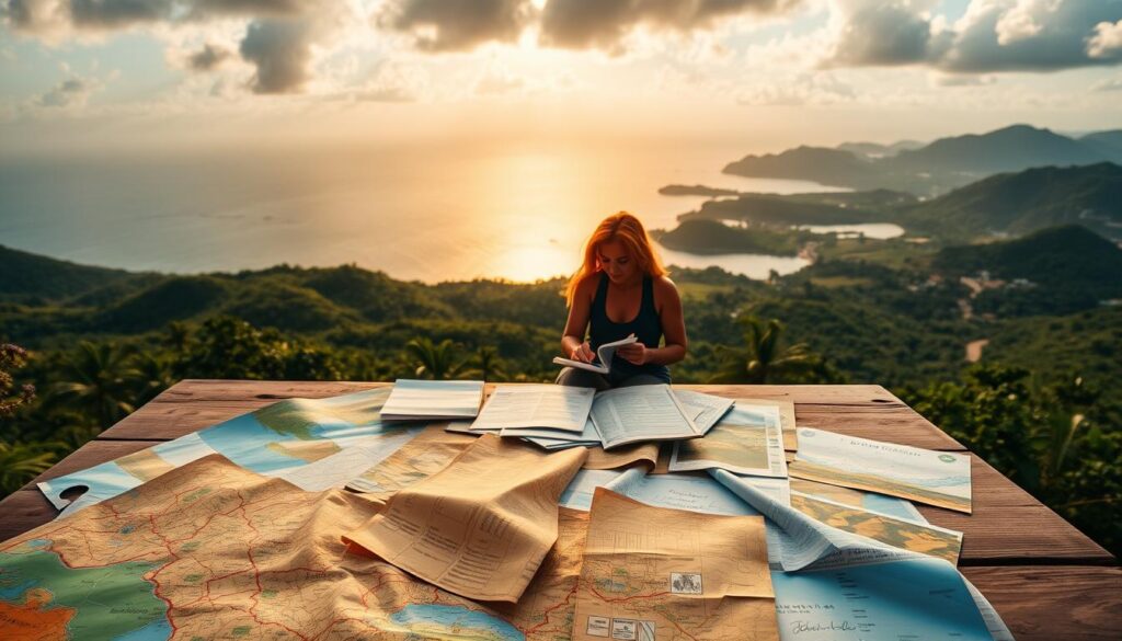 A tranquil landscape of the lush, tropical paradise of São Tomé and Príncipe unfolds before the viewer. In the foreground, a vibrant collage of local maps, travel guides, and hand-drawn itineraries sprawls across a wooden table, hinting at the planning process. The middle ground features a pair of adventurous travelers, pouring over their notes and excitedly discussing their upcoming journey. In the background, a panoramic view of the islands' verdant hills, winding roads, and sparkling coastline creates a sense of the natural beauty that awaits. Warm, golden lighting bathes the scene, conveying a feeling of excitement and anticipation for the hidden delights of this undiscovered destination.
