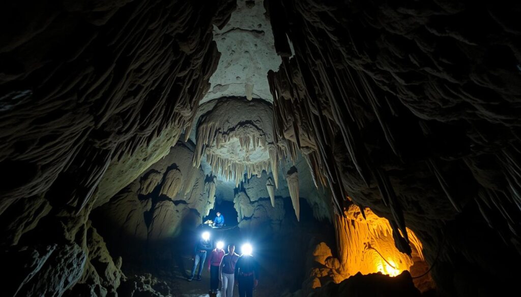 A vast, cavernous chamber with stalactites and stalagmites casting dramatic shadows under moody, diffused lighting. Adventurous spelunkers navigate the winding passages, their headlamps illuminating the rugged, multi-hued limestone formations. The scene exudes a sense of exploration and discovery, reflecting the thrill of caving amidst Belum Caves' hidden natural wonders. A wide-angle lens captures the grandeur of the subterranean landscape, emphasizing the scale and complexity of this breathtaking Malaysian destination.