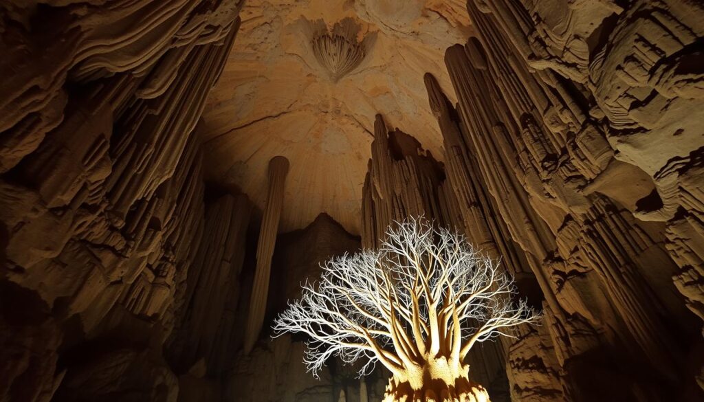 A vast underground cathedral of Belum Caves, where majestic rock formations reach up to the heavens. Towering stalactites descend from the high ceilings, while stalagmites rise from the ground, creating an otherworldly, awe-inspiring landscape. Soft, diffused lighting casts a warm, golden glow, accentuating the intricate textures and contours of the ancient limestone structures. In the foreground, a cluster of delicate, branching formations creates a mesmerizing, organic pattern, inviting the viewer to explore the geological wonders hidden deep within this Malaysian natural wonder.