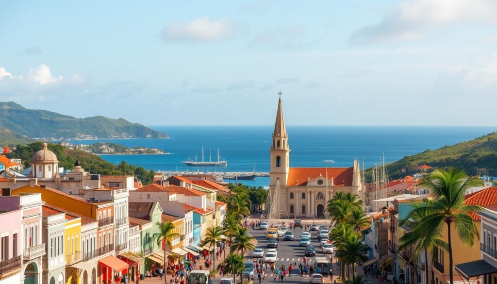 A vibrant cityscape nestled along the coast of Sao Tome, the capital city stands tall against a backdrop of lush, verdant hills. In the foreground, colorful colonial-era buildings line the bustling streets, their pastel facades reflecting the warm, tropical sunlight. Pedestrians and local vendors create a lively atmosphere, while the iconic Sao Sebastiao Cathedral's spire rises majestically, guiding visitors through the historic heart of the city. In the middle ground, the harbor teems with fishing boats and small watercraft, their masts swaying gently in the ocean breeze. Beyond, the azure waters of the Gulf of Guinea stretch out, framed by a horizon of swaying palm trees and rolling hills, inviting exploration of this hidden gem of Sao Tome and Principe.