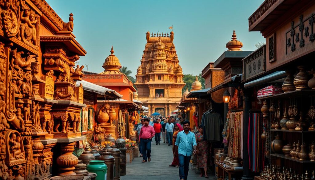 A vibrant display of Halebid's traditional arts and crafts, showcasing the region's rich cultural heritage. In the foreground, intricate carvings and sculptures adorn the walls, showcasing the skilled craftsmanship of local artisans. The middle ground features a bustling marketplace, with vendors selling a variety of handmade textiles, pottery, and metalwork. In the background, the majestic Hoysaleshwara Temple stands tall, its ornate architecture and ornamental detailing serving as a stunning backdrop. The scene is illuminated by warm, natural lighting, casting a soft, golden glow over the entire tableau. The overall atmosphere exudes a sense of timelessness and cultural pride, inviting the viewer to immerse themselves in the vibrant tapestry of Halebid's artistic traditions.