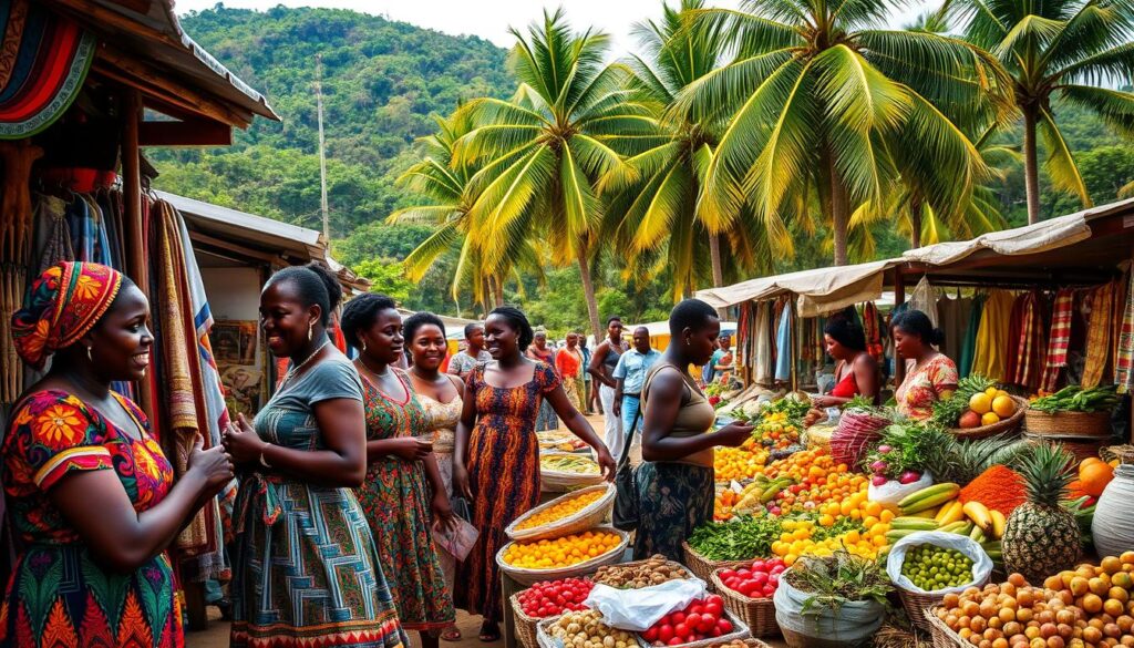 A vibrant outdoor market in Sao Tome, bustling with local vendors selling handcrafted textiles, intricate wood carvings, and fresh tropical produce. In the foreground, a group of women in colorful, traditional dresses bargain animatedly, their laughter and gestures filling the air. The middle ground showcases stalls overflowing with an array of exotic fruits, spices, and fragrant herbs. In the background, the lush, verdant landscape of the island frames the scene, with towering palm trees swaying gently in the warm, golden light of the equatorial sun. The overall atmosphere exudes a sense of cultural richness, community, and the enduring traditions that define the essence of Sao Tome and Principe.