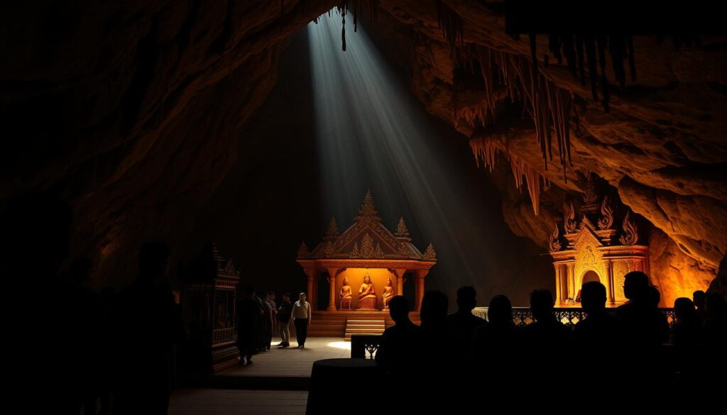 Belum Caves, a testament to Malaysia's rich cultural heritage, stand as a serene sanctuary amidst lush tropical landscapes. Capture the dimly lit interior, adorned with intricate stalactites and stalagmites that have formed over millennia. Depict reverent devotees offering prayers at the ornate shrines, their silhouettes casting long shadows against the cave walls. In the foreground, showcase the ornate carvings and ancient rock paintings that tell the story of the indigenous Orang Asli people, who have called these caves home for centuries. Bathe the scene in warm, golden hues to evoke a sense of timelessness and spiritual significance, inviting the viewer to step into this sacred, otherworldly domain.