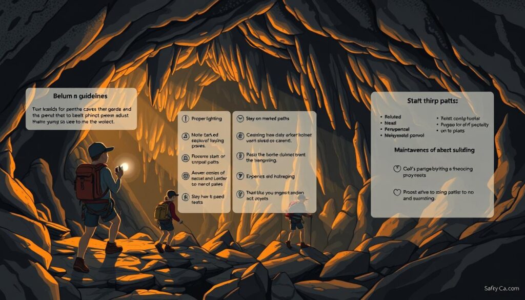 Belum Caves visitor safety guidelines: a detailed, informative illustration showcasing essential safety tips for exploring Malaysia's stunning subterranean wonder. In the foreground, a group of adventurers carefully navigating the dimly lit, rocky terrain, equipped with sturdy hiking gear and safety harnesses. The middle ground features clear signage highlighting key guidelines, such as proper lighting, staying on marked paths, and maintaining awareness of your surroundings. The background depicts the majestic, awe-inspiring cave formations, casting dramatic shadows and highlights under warm, natural lighting. The overall mood is one of exploration and discovery, balanced with a sense of caution and responsibility, guiding visitors to experience the beauty of Belum Caves safely and responsibly.