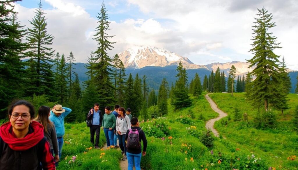 Benog Wildlife Sanctuary Tours A lush, verdant landscape dotted with towering pine trees and vibrant wildflowers. In the foreground, a group of adventurous travelers embark on a guided tour, their faces filled with wonder as they take in the sights and sounds of the sanctuary. Mid-ground, a winding path leads deeper into the heart of the wilderness, flanked by dense foliage and the occasional glimpse of local wildlife. In the background, the majestic Himalayan peaks rise up, their snow-capped summits bathed in warm, golden light filtering through the clouds. The scene radiates a sense of tranquility and a deep connection to the natural world, inviting viewers to immerse themselves in the beauty and serenity of Benog Wildlife Sanctuary.