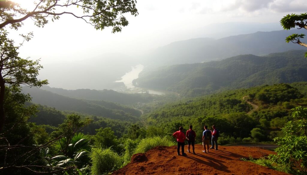 Ponmudi Hill Station, a lush green paradise nestled amidst the Western Ghats of Kerala, India. A wide-angle shot captures the rolling hills, dense forests, and winding roads leading up to the scenic viewpoint. Sunlight filters through the canopy, casting a warm glow on the vibrant foliage. In the foreground, a group of trekkers pause to admire the breathtaking panorama, their silhouettes framed against the distant peaks. The middle ground showcases the serene Ponmudi River, its waters reflecting the surrounding natural beauty. In the background, layers of undulating hills stretch out, creating a sense of depth and tranquility. The overall tone evokes a feeling of adventure, solitude, and the wonder of untamed wilderness.