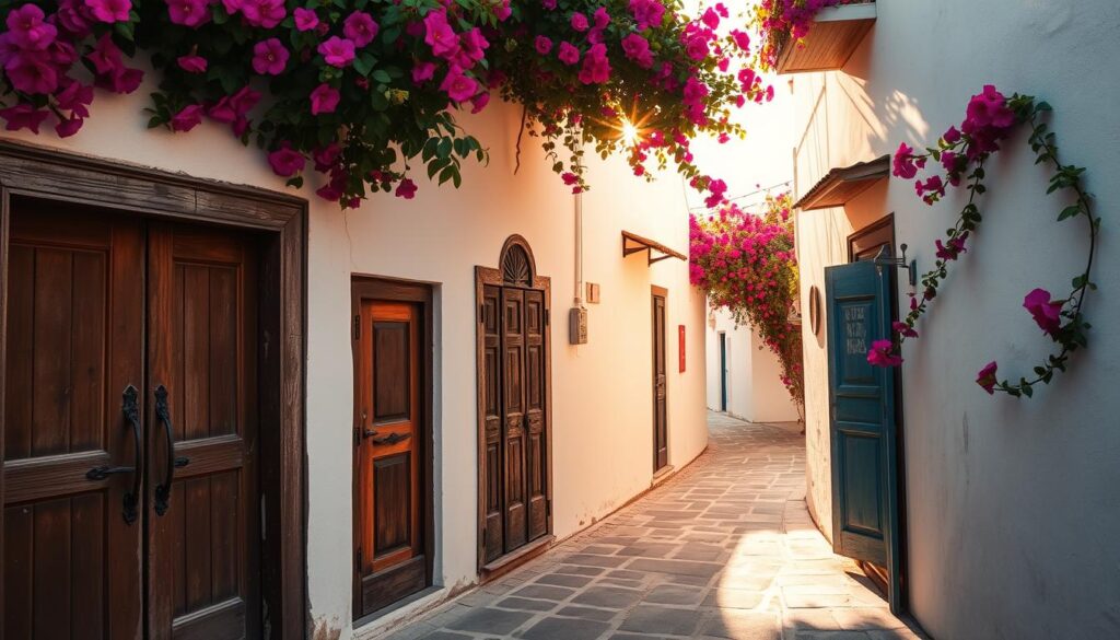 Traditional village doors on the island of Nisyros, Greece. A picturesque street scene with weathered wooden doors and ornate doorframes, surrounded by whitewashed buildings and vibrant bougainvillea vines. Warm, golden sunlight filters through the narrow alleyway, casting long shadows and creating a sense of timeless charm. The scene captures the essence of the island's rich cultural heritage and the enduring spirit of its local community. Captured with a wide-angle lens to showcase the architectural details and the intimate scale of the setting.