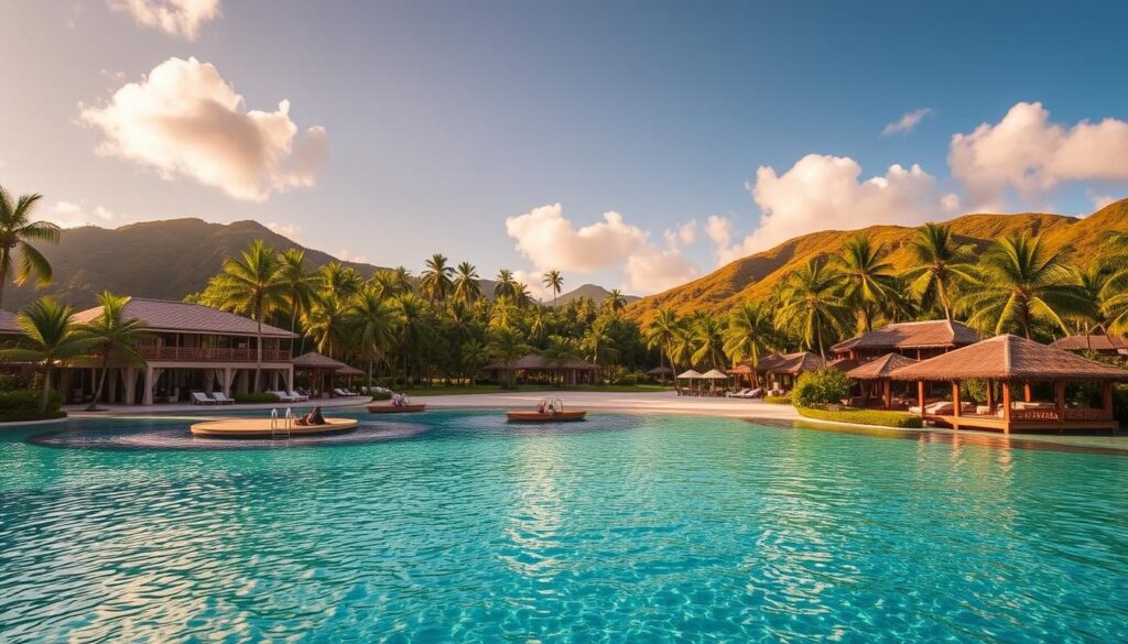 a lush tropical paradise with luxury resorts nestled among swaying palm trees and crystal-clear turquoise waters, the Comoros islands offer an idyllic escape. a grand beachfront villa with a glistening infinity pool and private cabanas, sun-dappled terraces, and impeccable service. rolling hills dotted with traditional thatched-roof bungalows and spa facilities offering soothing massages and rejuvenating treatments. boats glide across the serene lagoon as guests sip exotic cocktails and savor the flavors of local cuisine. warm, golden light filters through the landscape, evoking a sense of tranquility and indulgence.
