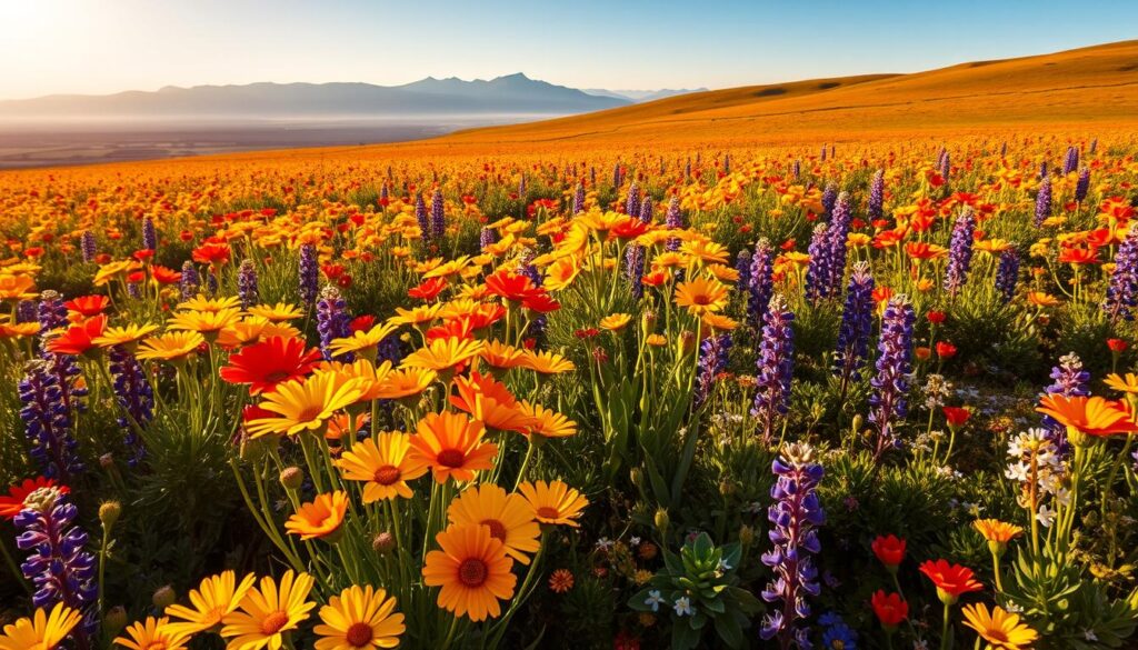 A breathtaking field of vibrant wildflowers in the heart of Namaqualand, South Africa. Swaths of yellow daisies, red-orange gazanias, and purple lupins sway gently in the warm breeze, bathed in the golden glow of the afternoon sun. In the middle ground, a lush carpet of green foliage and scattered blooms creates a sense of depth, while the distant horizon is tinged with hazy blue mountains. The scene exudes a serene, timeless beauty, capturing the essence of this famed floral region.