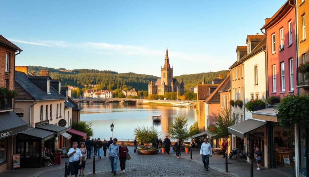 A charming cityscape of Dinant, Belgium, bathed in warm afternoon light. In the foreground, locals stroll along the cobblestone streets, exploring quaint shops and cafes. The iconic Collegiate Church of Notre-Dame de Dinant stands tall in the middle ground, its distinctive silhouette reflected in the serene waters of the Meuse River. In the background, rolling hills and lush forests frame the scene, inviting visitors to embark on scenic day trips and discover the region's natural beauty. Captured with a wide-angle lens, the image conveys the inviting atmosphere and the sense of timeless tradition that permeates this historic Belgian city.