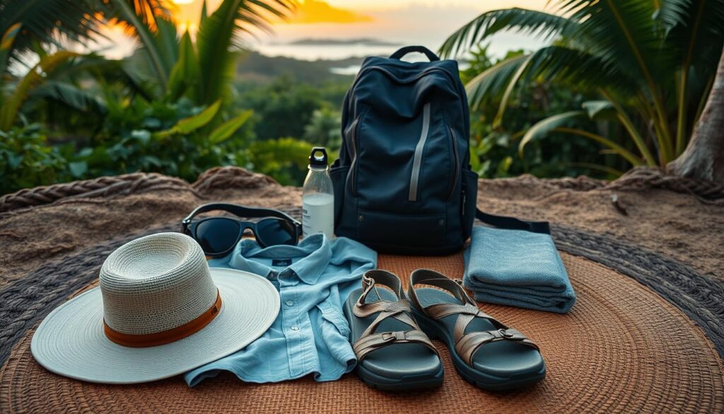 A cozy outdoor scene in Comoros, with a neatly arranged collection of packing essentials on a woven mat. In the foreground, a stylish sun hat, a pair of comfortable hiking sandals, and a lightweight, breathable shirt. In the middle ground, a compact backpack, a water bottle, and a compact travel towel. In the background, lush tropical foliage and a glimpse of a scenic coastline under a warm, golden hour lighting. The overall mood is one of relaxed preparedness, reflecting the adventurous yet laid-back spirit of a Comoros journey.