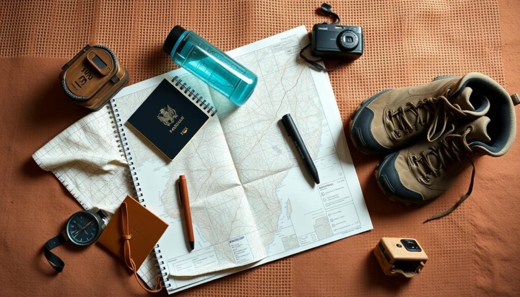 A flat-lay arrangement of essential travel planning items against a muted, earthy backdrop. In the foreground, a compass, passport, traveler's notebook, and tactile, weathered map unfurl. Midground showcases a pair of sturdy hiking boots, a reusable water bottle, and a compact camera. The background features a tactile, woven texture evoking the rugged Namibian landscape, with subtle hints of muted, sun-bleached tones. Soft, diffused natural lighting casts gentle shadows, creating depth and a sense of considered curation. The overall mood is one of preparedness, adventure, and a reverence for the natural world.