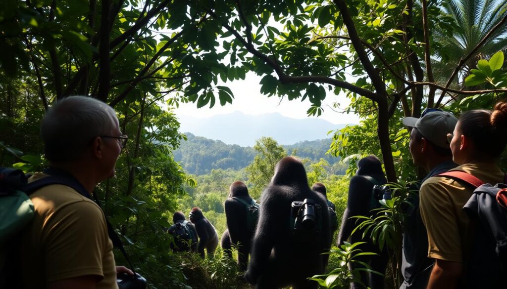 A lush, dense forest canopy casts a warm, dappled light over a group of adventurous trekkers, their faces filled with wonder as they observe a troop of majestic mountain gorillas in their natural habitat. The trekkers, equipped with sturdy hiking gear and cameras, carefully navigate the undergrowth, their steps guided by an experienced local guide. In the distance, the mist-shrouded peaks of the Virunga mountains loom, creating a breathtaking backdrop for this extraordinary wildlife encounter. The air is alive with the calls of exotic birds and the occasional rustling of leaves, heightening the sense of immersion in this thriving, biodiversity-rich ecosystem known as the Bwindi Impenetrable Forest.