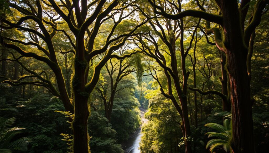 A lush, verdant canopy of ancient trees casts dappled shadows across the forest floor of Bwindi Impenetrable National Park. Towering mahogany and ebony trunks stretch skyward, their branches intertwined to form a natural cathedral. Ferns and vines cascade down the mossy bark, creating a sense of timeless, primeval wilderness. In the middle distance, a winding river snakes through the undergrowth, its clear waters reflecting the rich greens and browns of the surrounding foliage. A warm, golden light filters through the dense foliage, illuminating the vibrant hues of rare plant species and the hidden life that thrives within this biologically diverse ecosystem. The overall atmosphere conveys the awe-inspiring grandeur and impenetrable nature of this ancient, protected forest.
