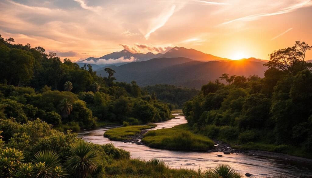 A lush, verdant landscape of Madagascar's national parks, captured in a cinematic wide-angle view. In the foreground, a pristine river winds through the dense, vibrant foliage, reflecting the vibrant hues of the surrounding vegetation. In the middle ground, majestic mountains rise up, their peaks capped with wispy clouds. In the background, a stunning sunset paints the sky in a warm, golden glow, casting a magical light over the entire scene. The composition is balanced and harmonious, conveying the geographic and contextual significance of these protected natural wonders.