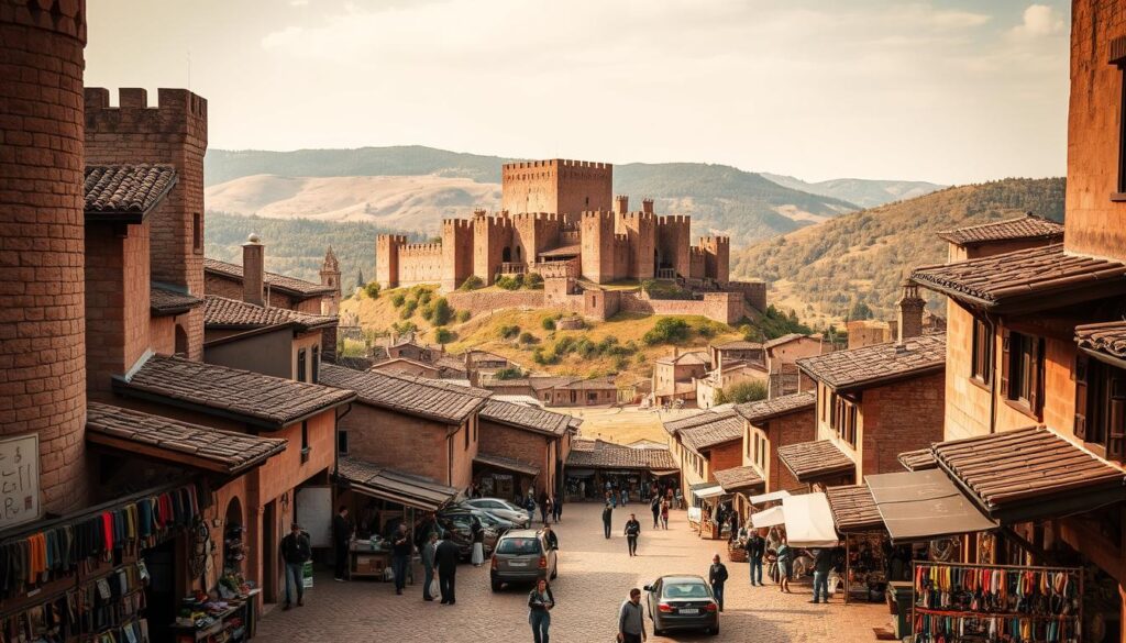A medieval town nestled in the rugged Spanish countryside, Albarracín stands tall with its towering stone walls, turrets, and winding cobblestone streets. In the foreground, a bustling market square teems with local artisans and vendors, their colorful wares spilling out from weathered stalls. The middle ground reveals an imposing castle, its grand keep and ramparts casting shadows across the town. In the background, rolling hills and dense forests frame the scene, creating a sense of timeless isolation. The lighting is warm and golden, casting a soft, nostalgic glow over the entire landscape. This is a place where history and tradition intertwine, a hidden gem waiting to be discovered.
