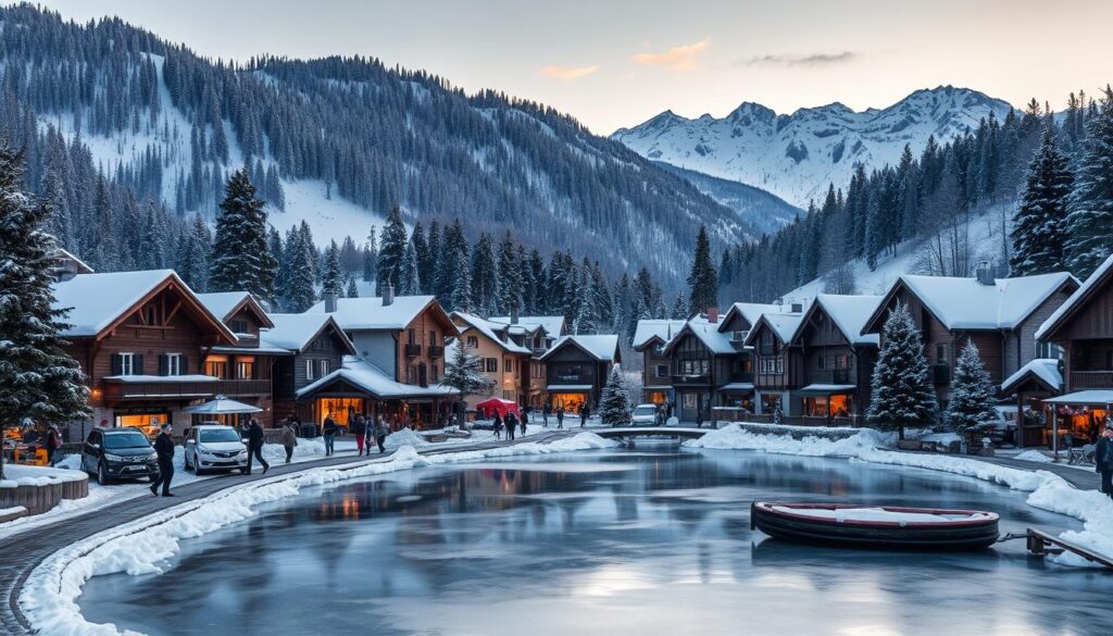 A picturesque car-free alpine village nestled in a breathtaking winter landscape, with charming chalet-style buildings covered in a blanket of pristine snow. Cobblestone streets wind through the tranquil town, lined with quaint shops, cozy cafes, and locals bundled up in warm winter attire. In the foreground, a serene frozen lake reflects the surrounding snow-capped peaks and towering pine trees, bathed in the soft glow of a golden hour sunset. The scene exudes a sense of peaceful, magical solitude, capturing the essence of enchanting alpine village life.