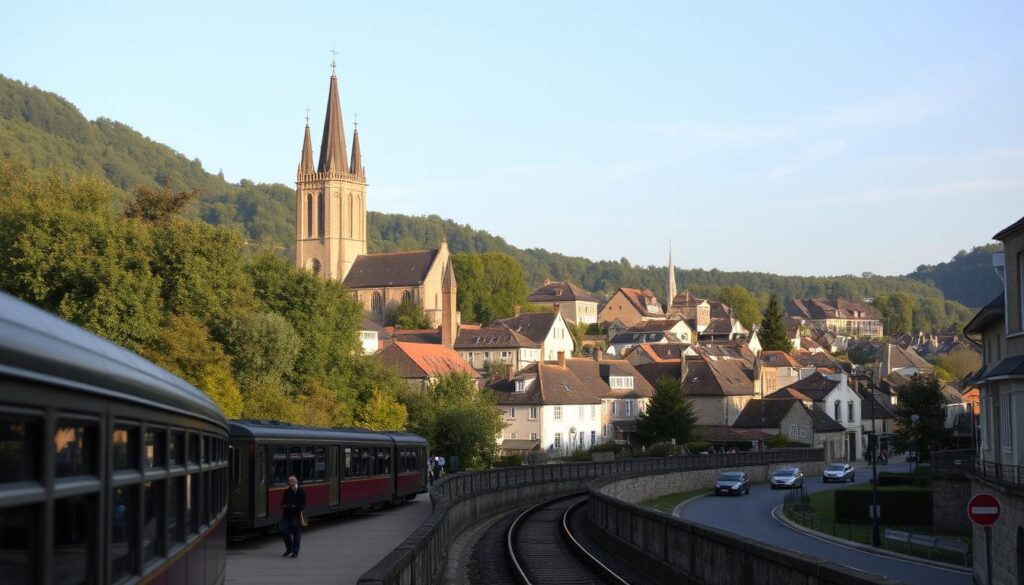 A picturesque town nestled in a valley, Dinant's historic architecture is accessed by a charming train winding through lush greenery. In the foreground, a classic European train station with a vintage aesthetic stands as the gateway to the town. Towering church spires and quaint buildings with terracotta roofs populate the middle ground, bathed in warm, golden afternoon light. In the background, a winding road leads up to the town, with cars and pedestrians navigating the scenic route. The overall atmosphere evokes a sense of timeless beauty and tranquility, inviting the viewer to explore the enchanting streets of Dinant.