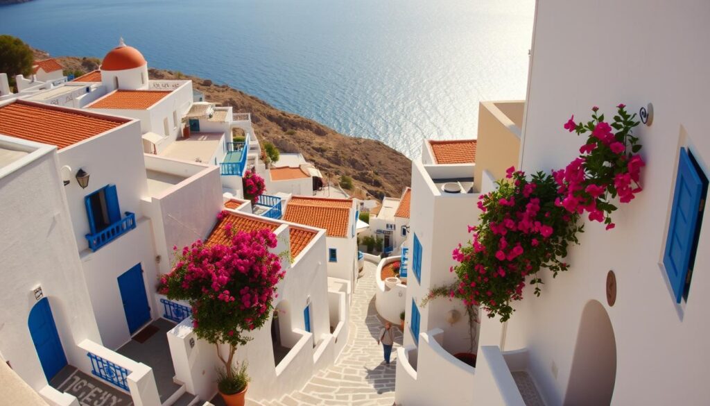 A picturesque vista of the quaint villages of Sifnos, Greece. Narrow, winding streets lined with pristine whitewashed buildings adorned with vibrant blue accents and terracotta roofs, cascading down the hillsides towards the glistening azure Aegean Sea. Shaded courtyards and bougainvillea-draped archways evoke a timeless Mediterranean charm. Warm, golden sunlight bathes the scene, casting soft shadows that accentuate the intricate architectural details. The image captures the quintessential Cycladic aesthetic, showcasing the harmonious blend of natural and manmade elements that define the scenic villages of this idyllic Greek island.