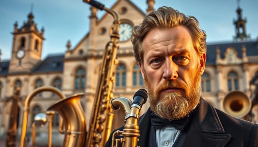 A portrait of Adolphe Sax, the Belgian inventor of the saxophone, set against a backdrop of historical architectural elements and musical instruments. Sax stands in the foreground, his face illuminated by a warm, focused light, his gaze intense and determined. The middle ground features an ornate brass saxophone, its intricate curves and textures highlighted, while the background showcases a grand, stone building with arched windows and a clock tower, representing the cultural heritage of Dinant, Belgium. The scene evokes a sense of scientific innovation, musical artistry, and historical significance, capturing the essence of the "History & Cultural Background" section of the travel guide.