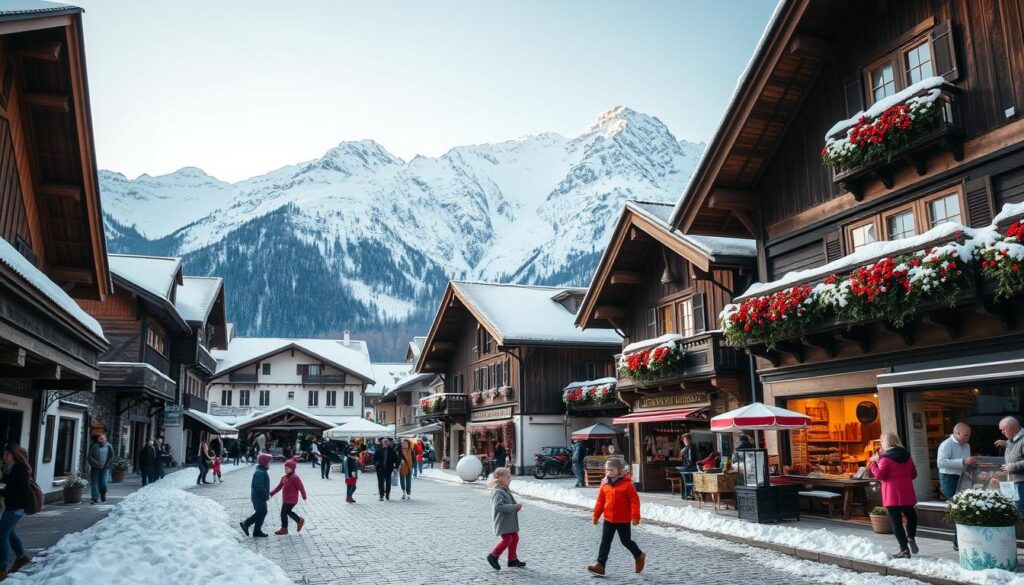 A quaint alpine village nestled in the heart of the Swiss Alps, with traditional wooden chalets, charming cobblestone streets, and a central square bustling with locals and visitors. In the foreground, a group of children play in the snow, their laughter echoing through the crisp, clear air. In the middle ground, shopkeepers and artisans ply their trades, offering handcrafted goods and warm hospitality. In the background, towering snow-capped peaks rise majestically, casting a serene and picturesque glow over the scene. The lighting is soft and natural, creating a cozy and inviting atmosphere, perfect for exploring the cultural and educational treasures of this winter wonderland.
