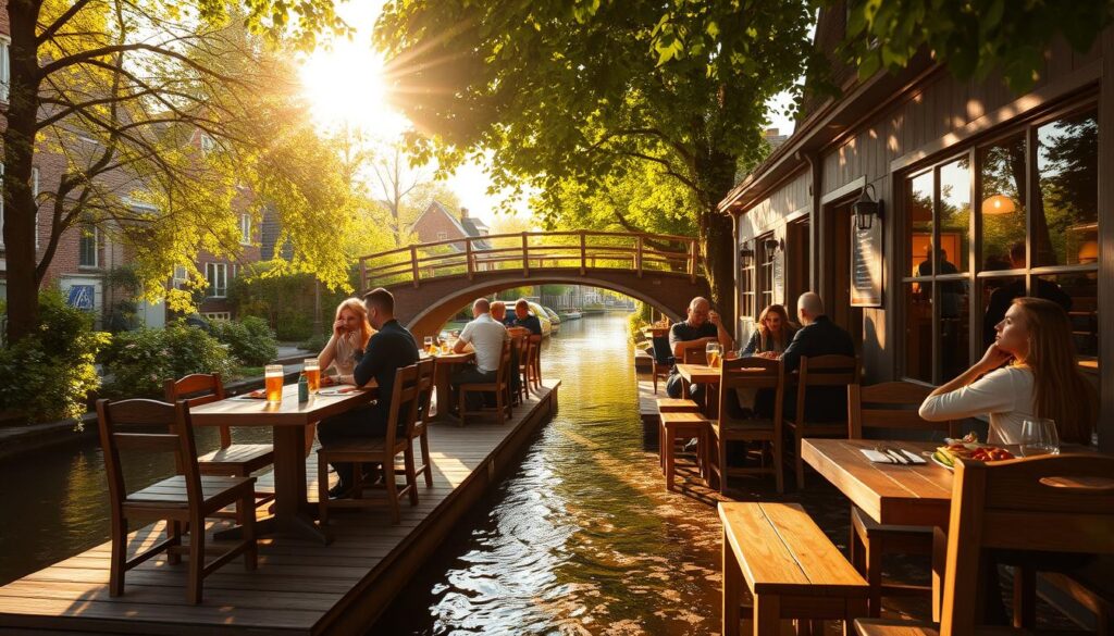 A quaint canal-side restaurant in Giethoorn, Netherlands. Wooden tables and chairs set on a floating dock, surrounded by lush greenery and the gentle flow of the narrow waterway. Warm sunlight filters through a canopy of trees, casting a golden glow on the scene. Diners savor local delicacies and sip craft beers, taking in the picturesque ambiance of this "Venice of the North". A wooden bridge arches over the canal in the background, adding to the charming, rustic atmosphere. The camera angle is at eye level, capturing the cozy, intimate experience of dining along the idyllic Giethoorn canals.