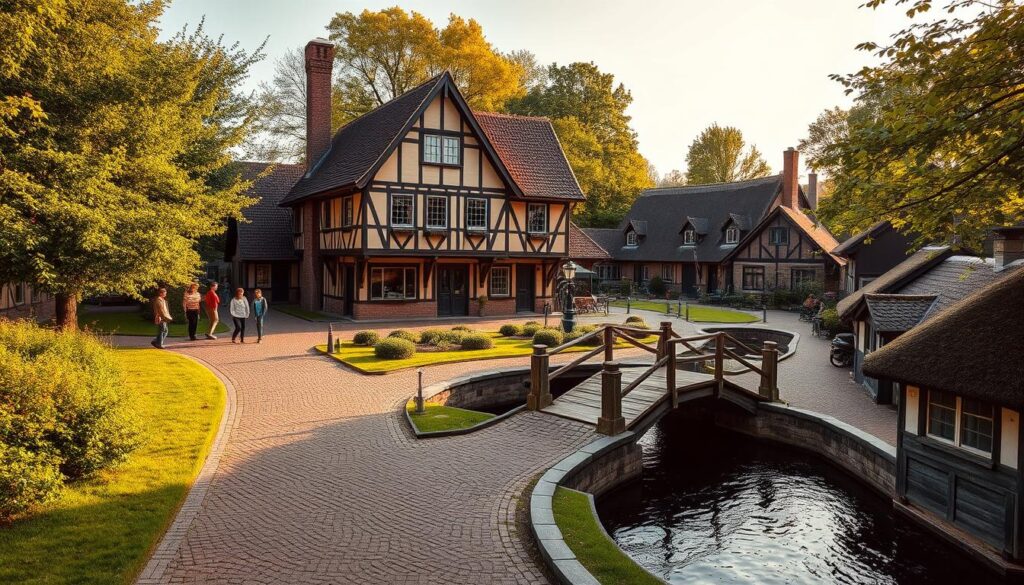 A quaint historic village museum nestled in the picturesque Dutch countryside. The main building, a charming 17th-century wooden structure, stands proudly against a backdrop of lush green trees and a tranquil canal. Cobblestone pathways wind through the serene grounds, flanked by traditional thatched-roof cottages and a small bridge crossing the gently flowing waterway. Warm golden light filters through the windows, casting a cozy ambiance over the scene. Visitors stroll along the idyllic grounds, immersed in the region's rich cultural heritage. A sense of timeless beauty and historic preservation permeates this captivating village museum.