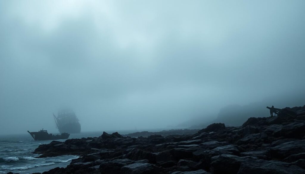 A rugged, weathered coastline shrouded in a thick, swirling fog. In the foreground, the hulking silhouettes of shipwrecks emerge from the mist, their jagged frames and tangled masts a testament to the unforgiving power of the sea. The sky above is a muted, slate-gray, casting a moody, melancholic light across the scene. The water laps gently against the rocky shore, its surface shimmering with an eerie, ethereal glow. The overall atmosphere is one of both beauty and desolation, a haunting reminder of the Skeleton Coast's treacherous past. The camera angle is low, emphasizing the towering, imposing presence of the wrecks and the vastness of the surrounding landscape.