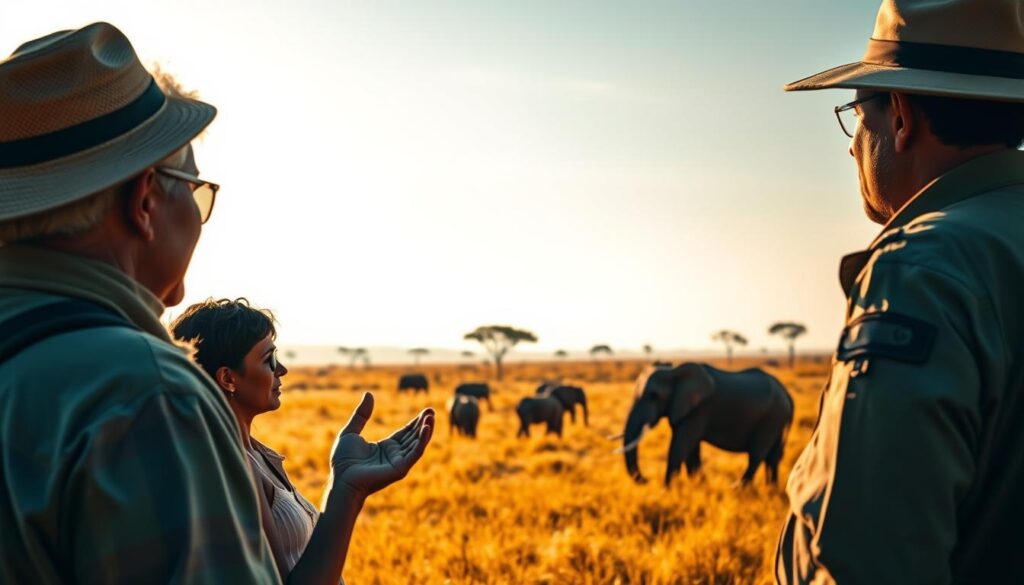 A serene African savanna bathed in warm, golden light. In the foreground, a group of travelers gazing intently at a park ranger, who gestures animatedly while sharing vital safety tips for navigating the Tanzania wilderness. In the middle ground, a herd of elephants peacefully grazes, their wrinkled skin glistening. The distant horizon is dotted with acacia trees silhouetted against a vibrant, cloudless sky. The overall mood is one of tranquility and reverence, with a focus on the importance of heeding local expertise for a safe and enriching safari experience.