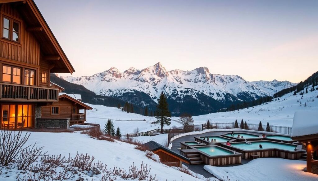A serene alpine landscape, bathed in soft, warm light. In the foreground, a cozy wooden chalet nestled among towering peaks, its windows glowing with a inviting amber hue. In the middle ground, a winding path leads to a tranquil outdoor spa, where guests relax in steaming pools, surrounded by pristine snow. In the background, a majestic mountain range, its jagged silhouettes silhouetted against a pastel sky tinged with golden hues. A sense of peace and rejuvenation permeates the scene, capturing the essence of wellness in the heart of the Swiss Alps.