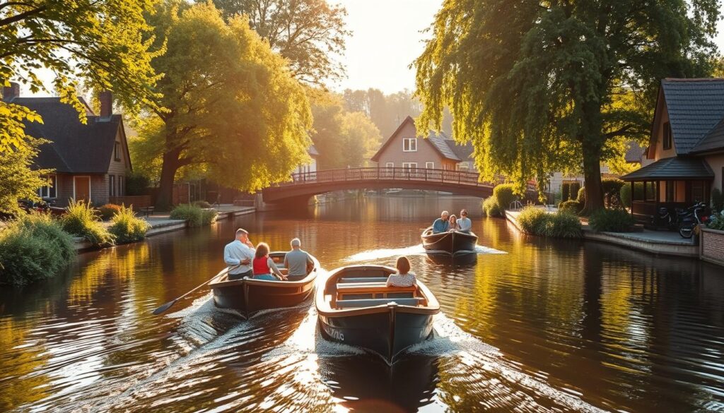 A serene canal in the quaint Dutch village of Giethoorn, with traditional wooden canal boats gently gliding across the still, reflective waters. The boats are filled with passengers admiring the picturesque thatched-roof cottages, verdant trees, and charming bridges that line the tranquil waterways. Warm sunlight filters through the lush foliage, casting a soft, golden glow over the scene. The atmosphere is one of peaceful exploration, inviting visitors to immerse themselves in the enchanting "Venice of the Netherlands". A wide-angle lens captures the full breadth of this idyllic waterscape, showcasing the harmonious coexistence of nature and human-crafted structures.