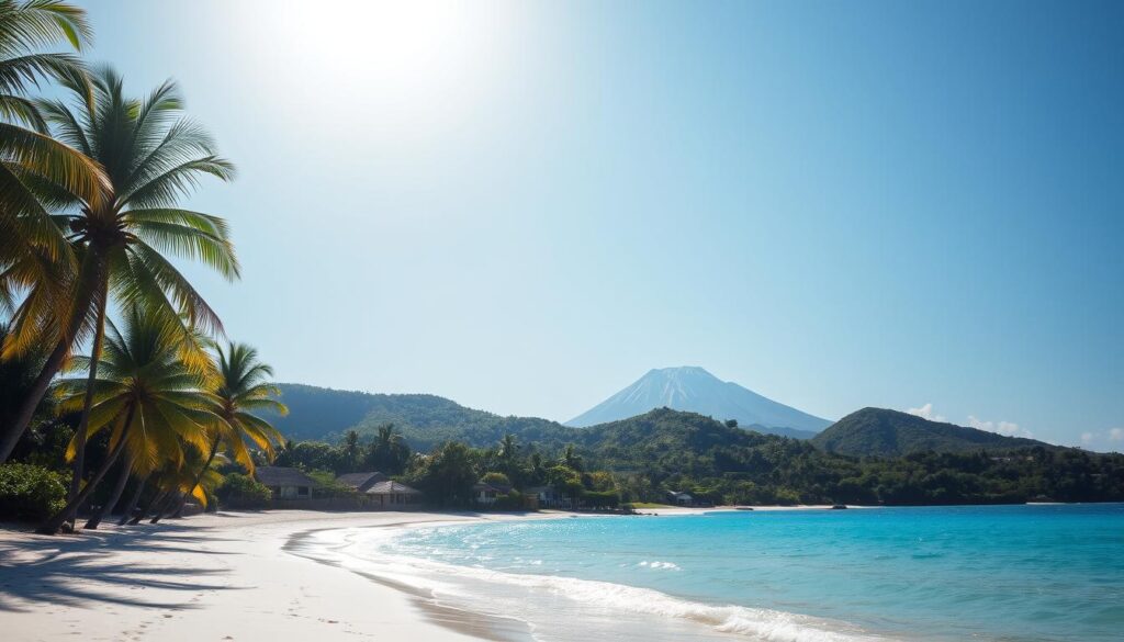 A serene island landscape under a bright, warm sun, showcasing the natural beauty of the Comoros Islands. In the foreground, a pristine white-sand beach meets turquoise waters, with swaying palm trees casting gentle shadows. The middle ground features lush, verdant hills dotted with traditional thatched-roof houses, conveying a sense of local culture and tranquility. In the background, majestic, snow-capped volcanic peaks rise, creating a dramatic and awe-inspiring backdrop. The scene exudes a peaceful, welcoming atmosphere, inviting the viewer to explore the islands' natural wonders while considering the key safety factors for tourists.