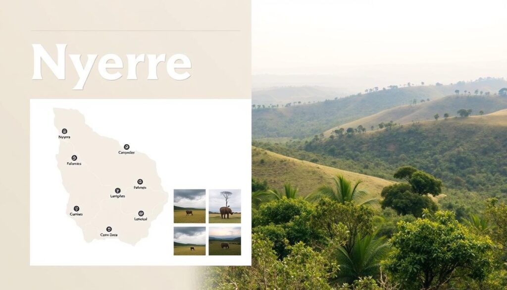 A sleek, minimalist planning guide for Nyerere National Park, featuring an elegant layout with clean lines and a muted color palette. In the foreground, a stylized map showcases the park's key attractions, each denoted by a simple icon. The middle ground presents snapshots of the diverse wildlife and landscapes, captured through a crisp, documentary-style lens. In the background, a soft, atmospheric panoramic view of the park's rolling hills and lush, verdant foliage creates a sense of tranquility and wonder. The overall mood is one of informative clarity, inviting the viewer to explore the park's unique features with a sense of refined sophistication.