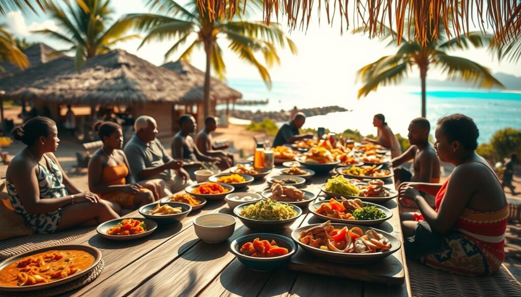 A sun-drenched outdoor dining scene in a traditional Comorian village. In the foreground, a long wooden table is set with vibrant, aromatic dishes - fragrant curries, colorful salads, and freshly caught seafood. Diners sit on woven mats, animatedly conversing over the meal. In the middle ground, thatched-roof huts and palm trees sway gently in the warm island breeze. The background features a picturesque coastline, with the brilliant blue Indian Ocean stretching out to the horizon. The lighting is soft and golden, casting a dreamlike, relaxed atmosphere over the entire scene. A lens with a shallow depth of field focuses the viewer's attention on the delectable culinary delights at the heart of this authentic Comorian dining experience.