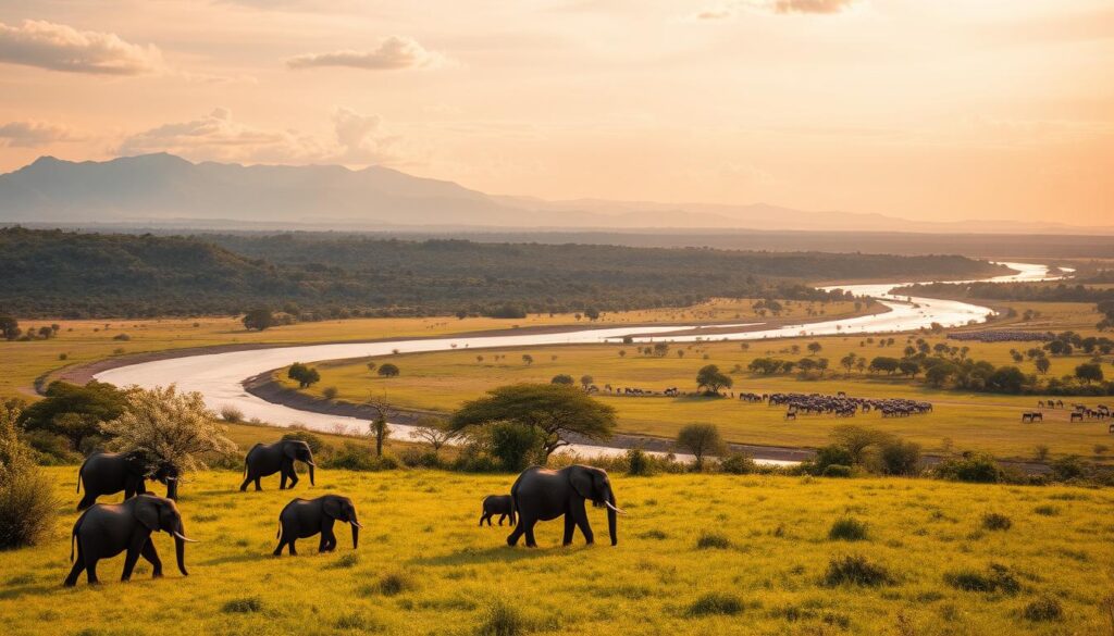 A sweeping panorama of Nyerere National Park, showcasing its diverse seasonal changes. In the foreground, a herd of grazing elephants stands amidst lush, verdant grasslands, illuminated by warm, golden-hour sunlight. The middle ground reveals a winding river, its banks dotted with acacia trees in full bloom. In the distance, majestic mountains rise, their peaks shrouded in wispy clouds. As the seasons change, the landscape transforms - from the vibrant greens of the wet season to the muted tones of the dry season, where herds of wildebeest and zebra migrate across the vast, rolling savannas. A cinematic, wide-angle composition captures the park's breathtaking natural beauty and the dynamic interplay of its unique ecosystems.