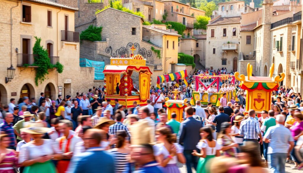 A vibrant and colorful scene of an authentic Spanish festival in the historic town of Albarracín. In the foreground, a lively crowd of locals and visitors dressed in traditional costumes dance and celebrate, their movements captured in a dynamic blur. The middle ground features intricately decorated floats and banners, their vibrant hues contrasting with the warm, golden lighting. In the background, the charming medieval architecture of Albarracín's old town provides a picturesque backdrop, its stone walls and winding cobblestone streets evoking a sense of timeless tradition. The overall atmosphere is one of joyous revelry, capturing the essence of Spain's rich cultural heritage.