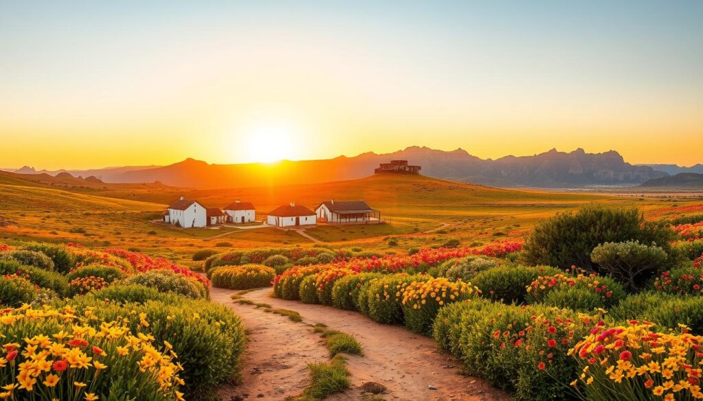 A vibrant landscape under a golden sunset, the undulating hills of Namaqualand come alive in a kaleidoscope of wildflowers. In the foreground, a dirt path winds through the lush, green vegetation, inviting the viewer to explore. The middle ground features a cluster of traditional whitewashed buildings, their thatched roofs glowing in the warm light. In the distance, rugged mountains rise, their peaks bathed in the soft, hazy glow of dusk. The scene exudes a sense of tranquility and timelessness, capturing the essence of the best time to visit this enchanting region.
