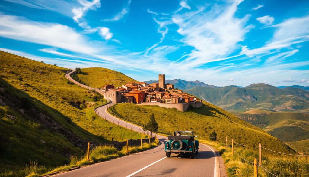 A winding mountain road snakes through verdant hillsides, leading to the quaint, medieval town of Albarracín in the Spanish Pyrenees. In the foreground, a vintage car navigates the picturesque route, its occupants admiring the breathtaking vistas of rolling hills and distant peaks. Soft, warm lighting illuminates the scene, casting a golden glow over the town's distinctive terracotta rooftops and stone walls in the middle ground. In the background, wispy clouds drift across a vibrant blue sky, hinting at the tranquil atmosphere that awaits visitors to this hidden gem of Spain.