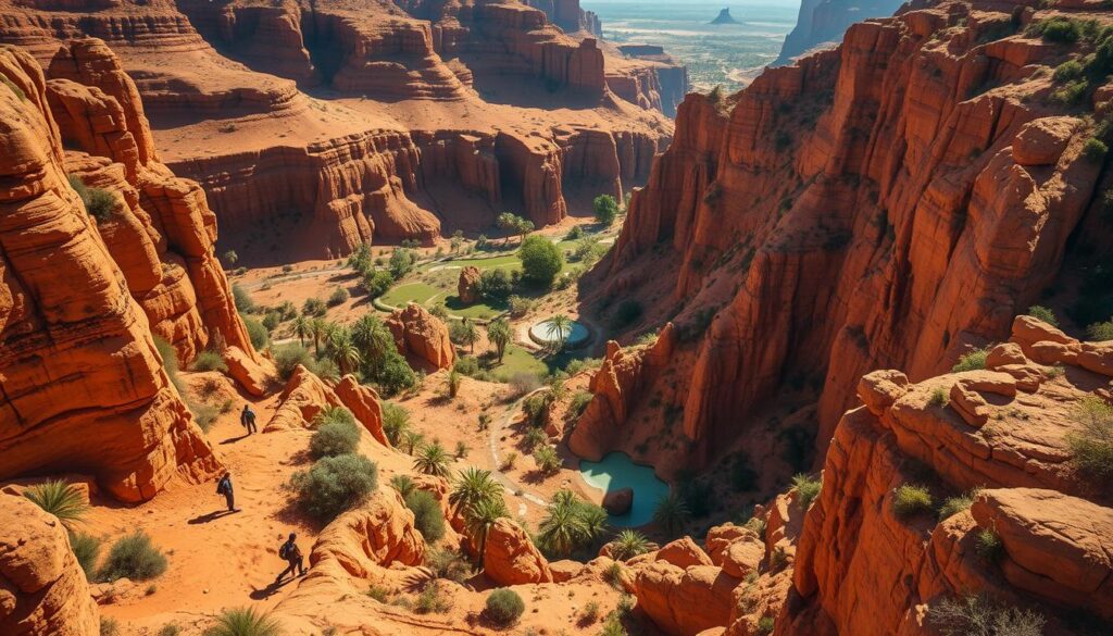 Isalo National Park, a vast, rugged landscape in southern Madagascar. Towering sandstone cliffs and canyons carve through the arid, ochre-hued terrain. Lush oases dot the valleys, with palm trees swaying gently in the warm breeze. Hikers explore the network of trails, weaving through bizarre rock formations and natural pools. Warm, soft lighting bathes the scene, casting dramatic shadows and highlighting the intricate textures of the rock. The camera captures a wide, panoramic view, conveying the grand scale and untamed beauty of this remarkable wilderness. A sense of tranquility and adventure permeates the atmosphere, inviting the viewer to immerse themselves in the majesty of Isalo National Park.