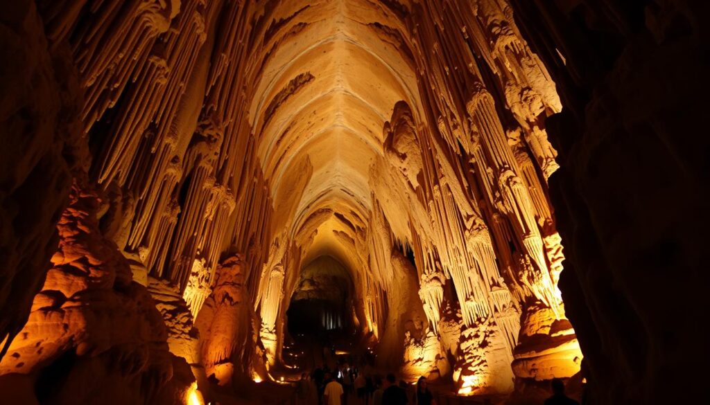 Majestic cave interior with stunning stalactite formations illuminated by warm, dramatic lighting. Towering stalactites hang gracefully from the high-arched ceiling, their intricate patterns and textures casting captivating shadows on the cave walls. Visitors wander through the cavernous space, marveling at the natural geological wonder. A wide-angle lens captures the grand scale and depth of the scene, immersing the viewer in the awe-inspiring beauty of this underground world. The atmosphere is serene and enchanting, inviting exploration and discovery.