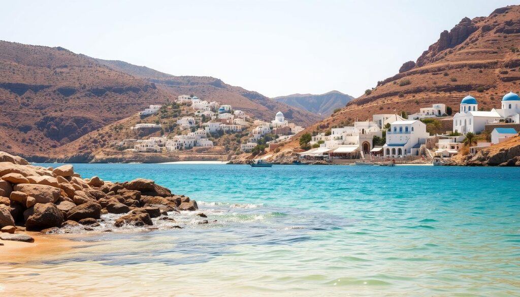 Sifnos beaches Aegean Sea coast, azure waters lapping against golden sand. In the foreground, sun-dappled rocks and small fishing boats bob gently. The middle ground features picturesque whitewashed villages cascading down the hillsides, their blue-domed churches shimmering in the warm Mediterranean light. The background showcases the rugged, mountainous terrain of the Cycladic islands, with sparse, scrubby vegetation framing the serene, endless expanse of the Aegean. Soft, diffused natural lighting creates a dreamlike, tranquil atmosphere, inviting the viewer to imagine themselves relaxing on these idyllic Greek shores.