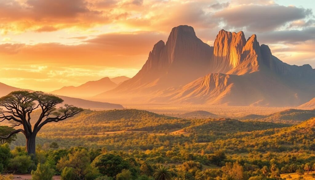 Stunning landscape comparison of Madagascar's national parks, showcased in a wide, cinematic frame. In the foreground, the iconic baobab trees and diverse wildlife of Isalo National Park. In the middle ground, the lush, verdant forests of Ranomafana National Park. And in the distant background, the dramatic, rugged terrain of Andringitra National Park, with its towering granite peaks silhouetted against a vibrant, golden-hued sky. Warm, diffused lighting accentuates the unique geological formations and vibrant colors of each park, inviting the viewer to explore and discover the natural wonders of this island nation.