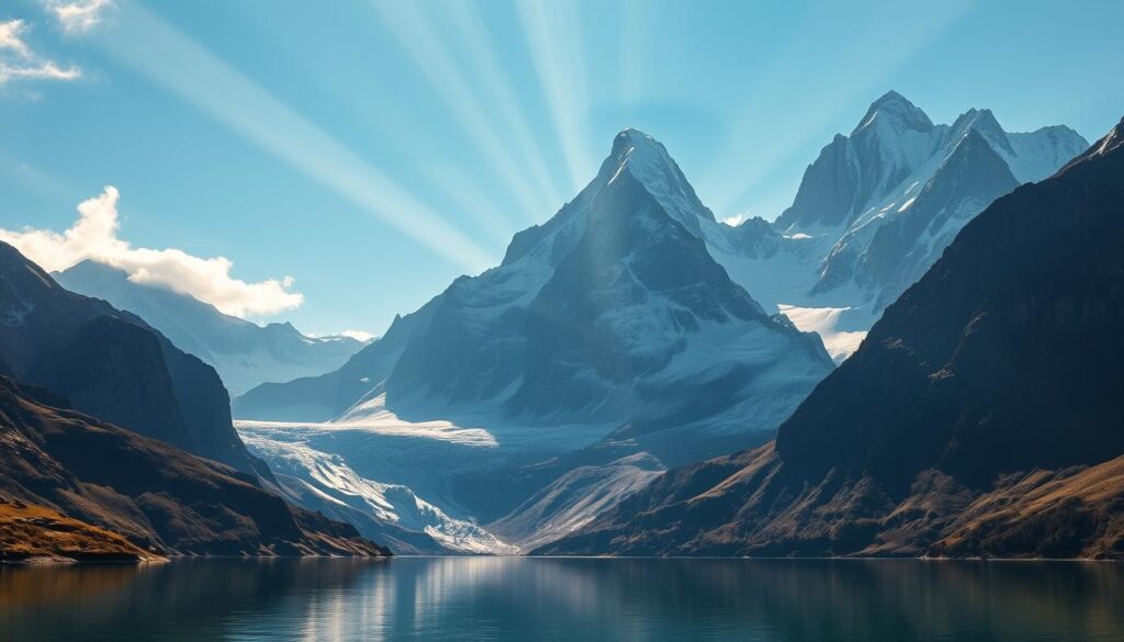 Towering, snow-capped mountain peaks pierce the crisp, azure sky, their jagged silhouettes casting dramatic shadows over the pristine, alpine landscape below. Rays of golden sunlight filter through wispy clouds, illuminating the glistening, icy glaciers that cling to the mountainsides. In the foreground, a pristine, mirror-like lake reflects the majestic, rugged terrain, creating a serene and awe-inspiring scene. The overall atmosphere is one of grandeur, tranquility, and the timeless beauty of the Swiss Alps.