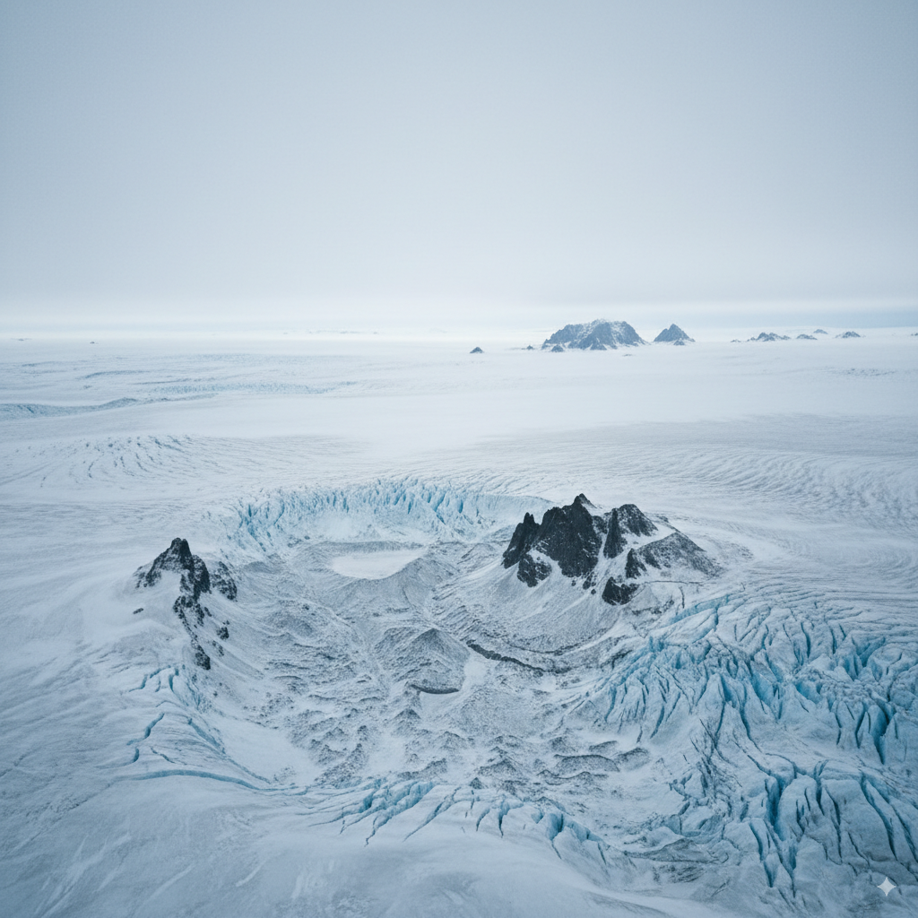 An aerial view of a vast, white glacial landscape with visible cracks and a few dark, rocky mountain peaks breaking through the ice, suggesting an ancient world covered in a massive glacier.