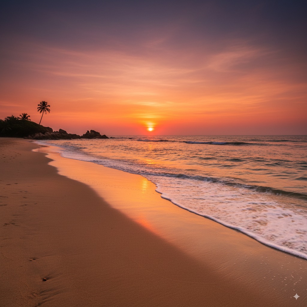 A pristine, uncrowded golden sand beach at Bhogwe, with gentle waves lapping the shore under a dramatic sunset sky, evoking a sense of serenity and peace.