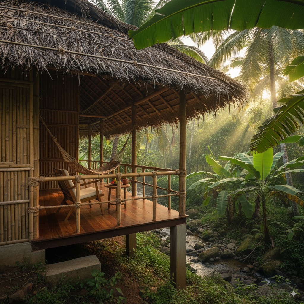 A cozy, traditional eco-hut at Maachli Farmstay, nestled amongst lush tropical foliage and tall trees, with a natural stream flowing gently in the foreground.