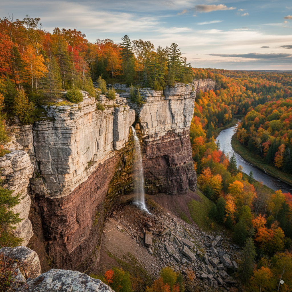 A scenic view of a multi-layered cliff face, known as an escarpment, showcasing distinct horizontal rock strata with a hard, light-colored caprock at the top and softer, darker rock layers below. A small waterfall cascades down, and a river winds through an autumn forest in the valley below.