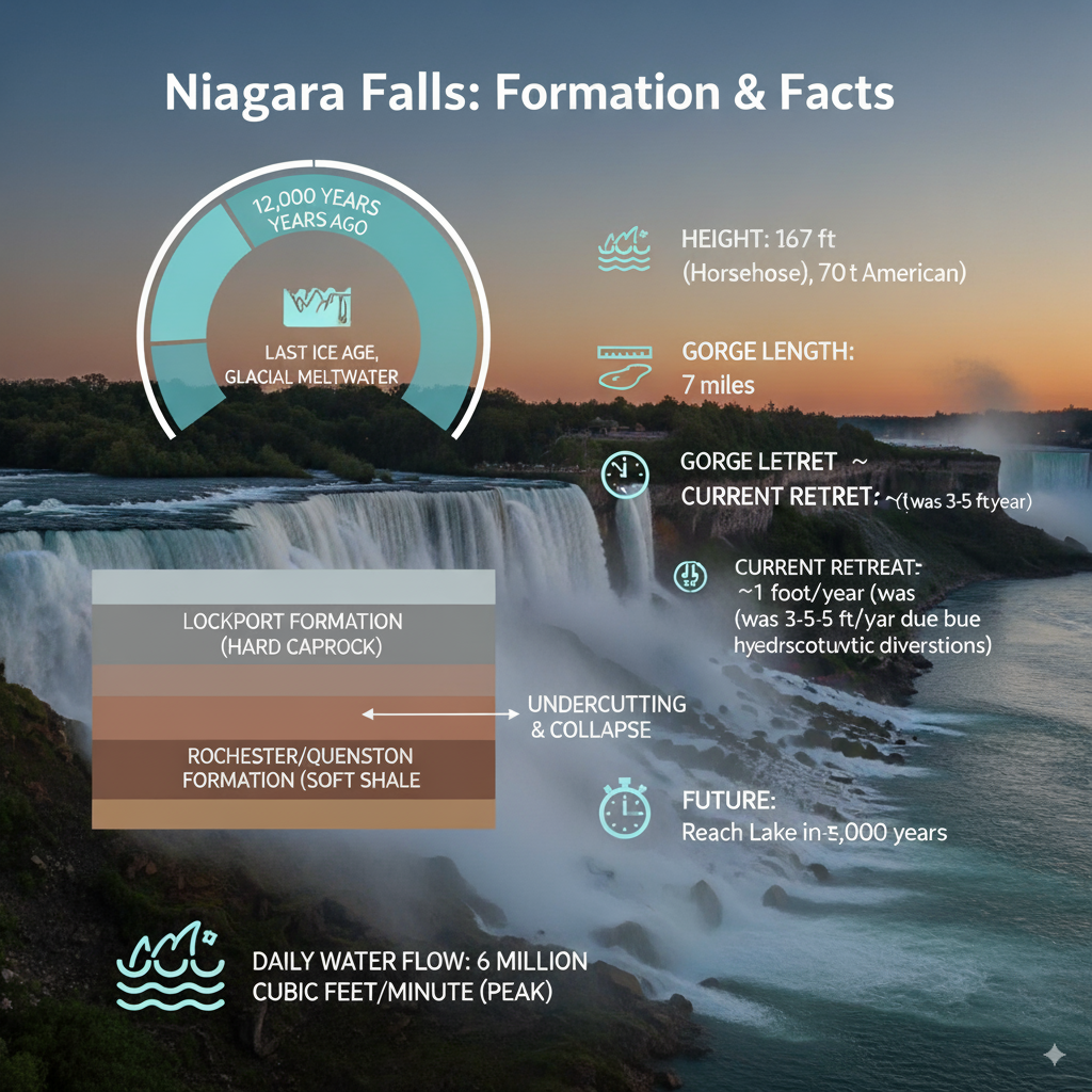 An infographic titled 'Niagara Falls: Formation & Facts' overlaying a scenic view of Niagara Falls. It includes details such as: 12,000 years ago (Last Ice Age, Glacial Meltwater), Height: 167 ft (Horseshoe), 70 ft (American), Gorge Length: 7 miles, Current Retreat: ~1 foot/year (was 3-5 ft/year due to hydroelectric diversions), Future: Reach Lake Erie in ~50,000 years, depicting Lockport Formation (Hard Caprock) over Rochester/Queenston Formation (Soft Shale) with 'Undercutting & Collapse' arrows, and Daily Water Flow: 6 million cubic feet/minute (peak).