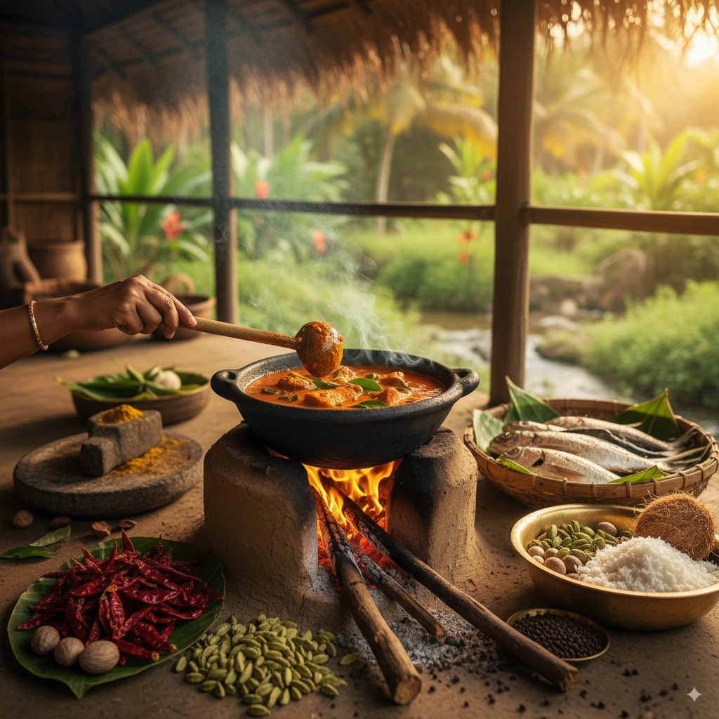 A close-up of a traditional Malvani cooking scene, with a clay pot simmering on a wood-fired stove, surrounded by fresh spices and ingredients, highlighting farm-to-table cuisine.